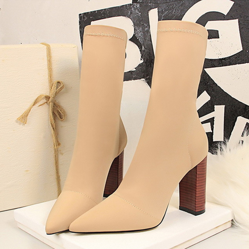 Elastic Band Stretch Fabric Socks Boots For Women Shoes Grain Square Heels Breathable Short