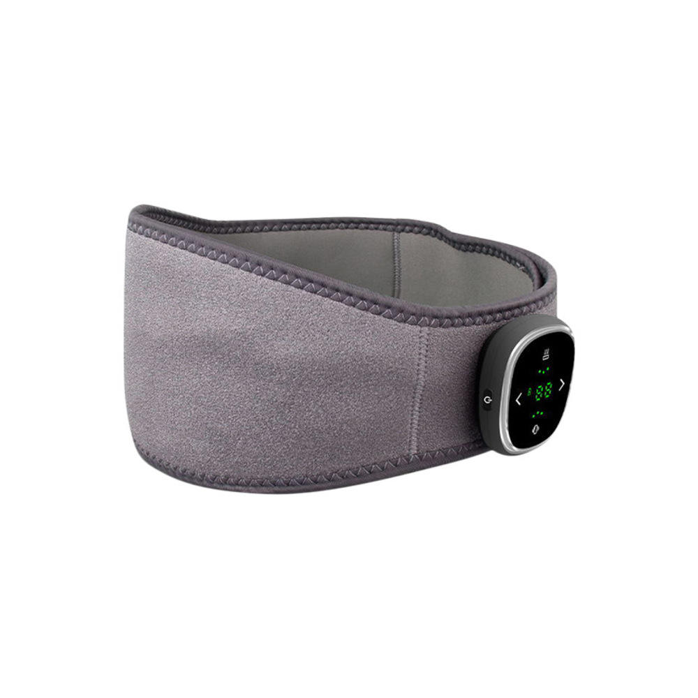 Flat lay of belt with digital control panel, chrome bezel, green LED display, showcasing premium materials and design