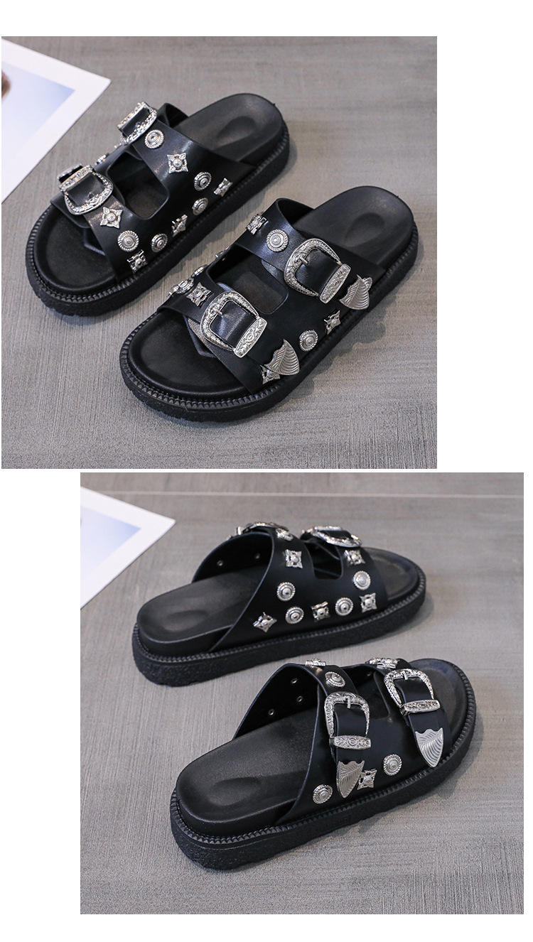 Black Real Leather Rivet Buckle Designer Flat Slippers Woman Round Toe Thick Sole Beach Sandal Summer Casual Mules Shoes image 3