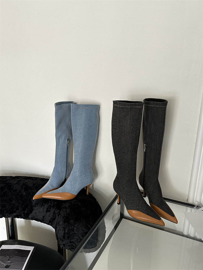 Patchwork Denim Thin Heels Boots Pointy Toe Elastic Boots Women Fashion Zipper Outwear Blue Retro