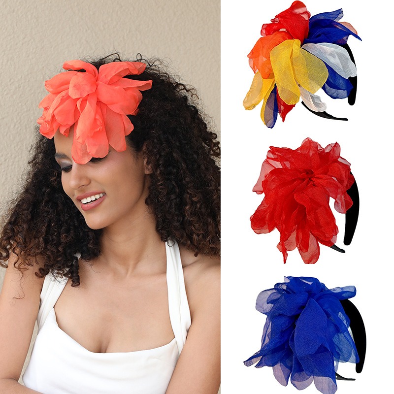 Woman wearing coral headband beside colorful options