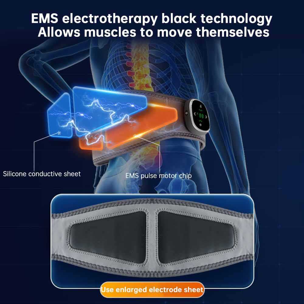 Technical anatomy diagram showing EMS electrotherapy mechanism with blue electrical pulses and orange heat zones on human back