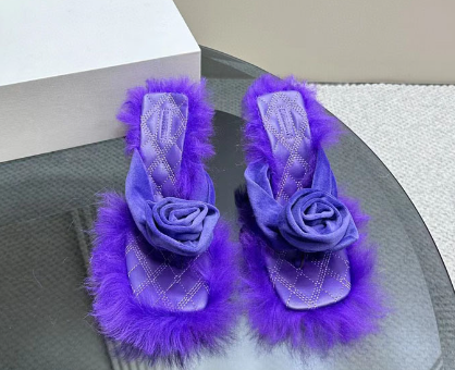 Summer Sexy Flowers Women's Fur Sandals Square Split Toe Sexy Plush Edge High Heel Slippers Brand Casual Women's Slides image 2