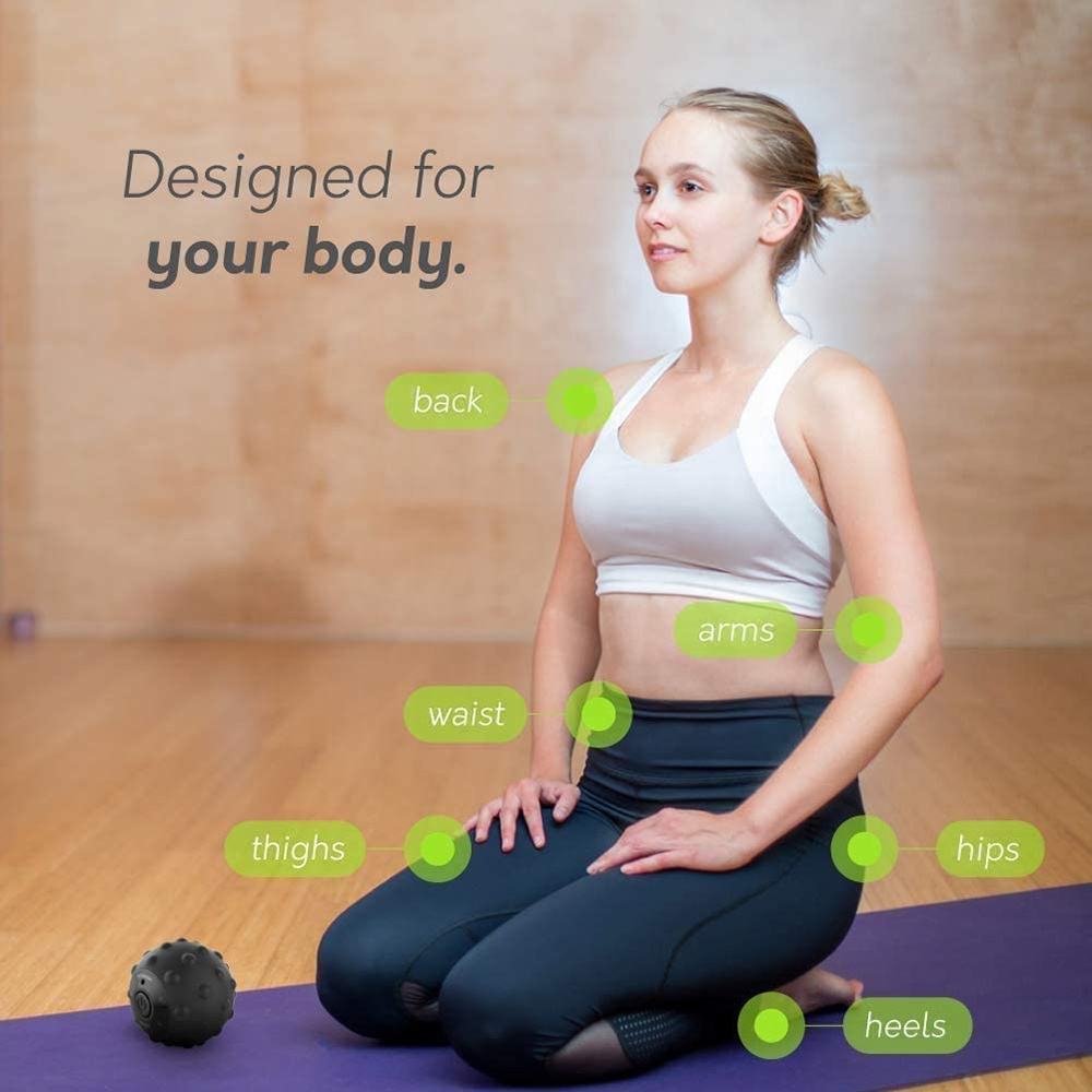 Woman on yoga mat with annotated body zones showing where massage ball can be applied: back, arms, waist, thighs, hips, heels