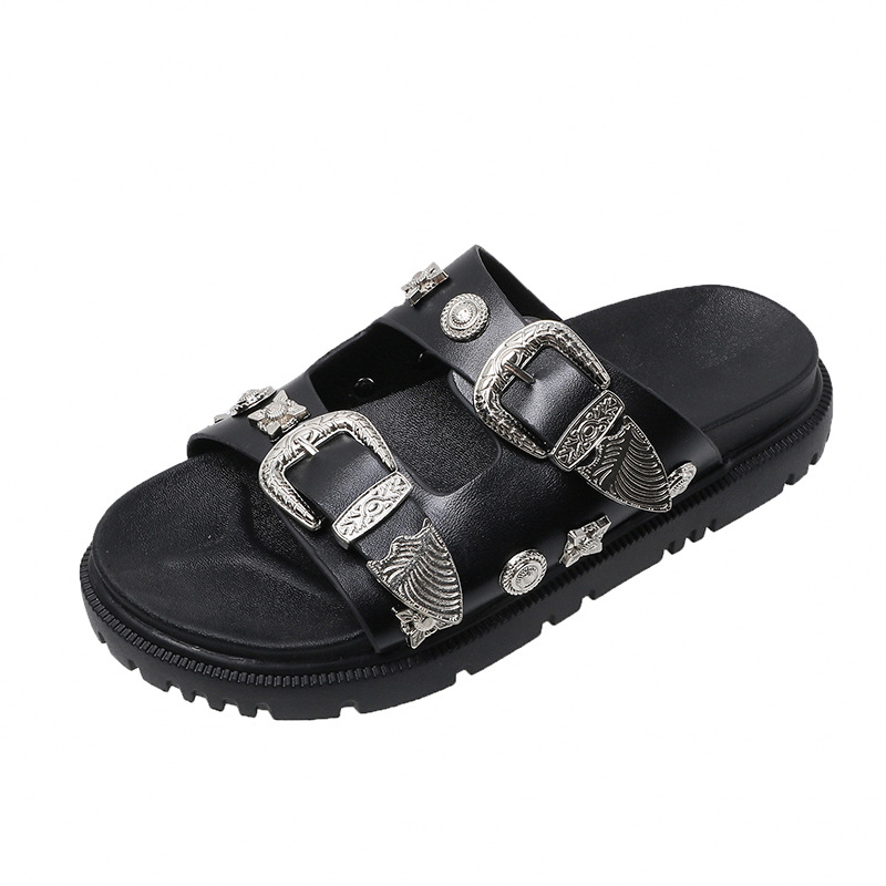 Black Real Leather Rivet Buckle Designer Flat Slippers Woman Round Toe Thick Sole Beach Sandal Summer Casual Mules Shoes image 2
