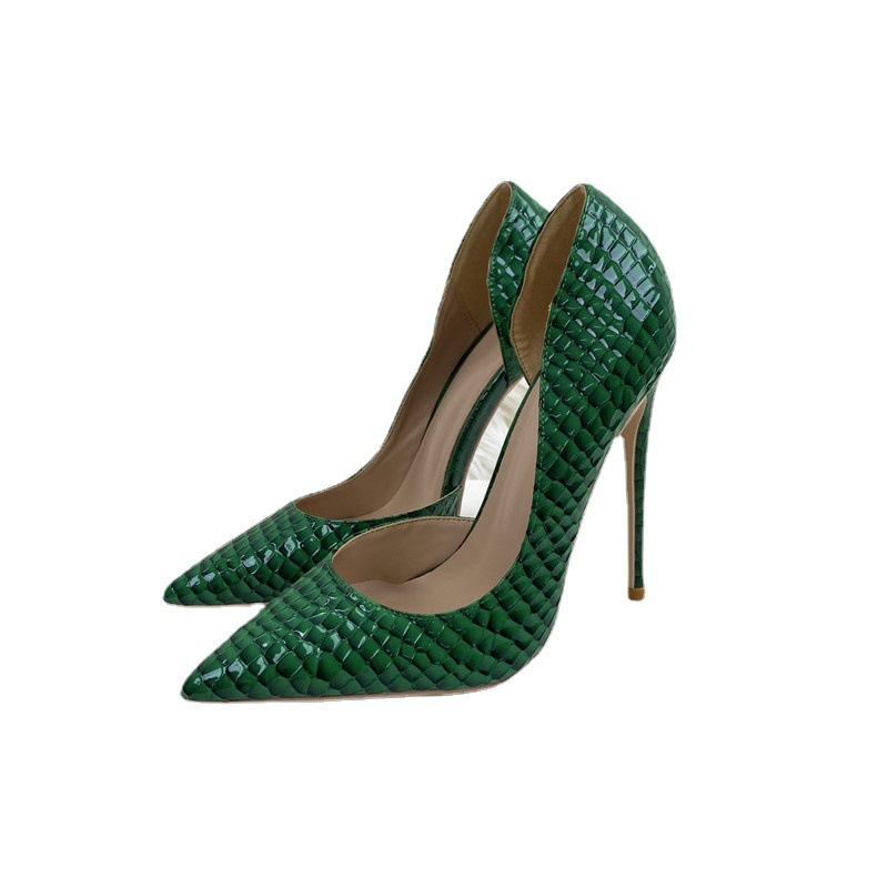 Green color embossed pumps side empty high heel shoes thin heel shallow mouth single shoes fashion