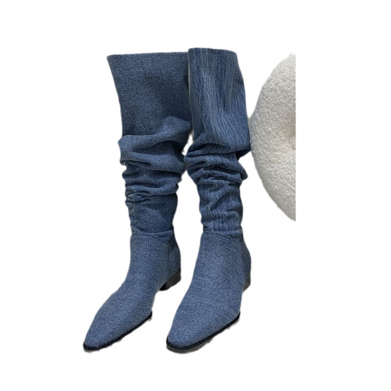 Modern Women Denim Knee High Boots New In Female Low Heel Footwear Fashion Pleated Ladies Western