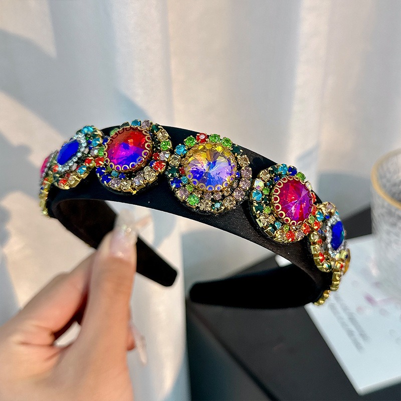 Close view of faceted multicolor headband stones