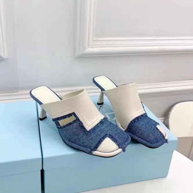 Brand Ladies High Heel Slippers Square Toe Formal Dress Shoes Leahter Patchwork Denim Sandals Summer Party Shoes Women image 3