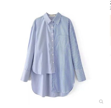 Women Shirt Autumn Striped Patchwork Full Sleeve Asymmetrical Hem Blue Blouse For Women Irregular