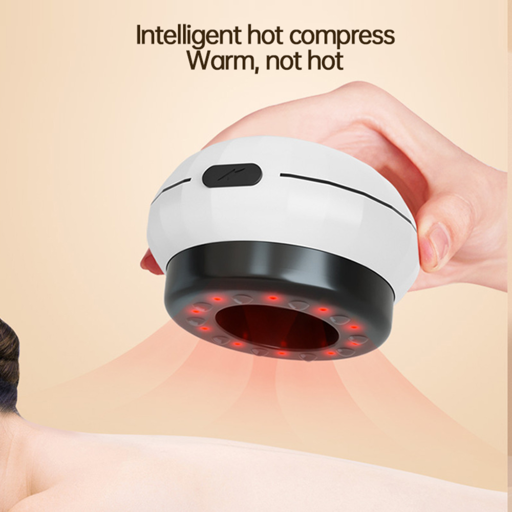 Hand holding intelligent hot compress cupping device with glowing red LED elements demonstrating heat technology