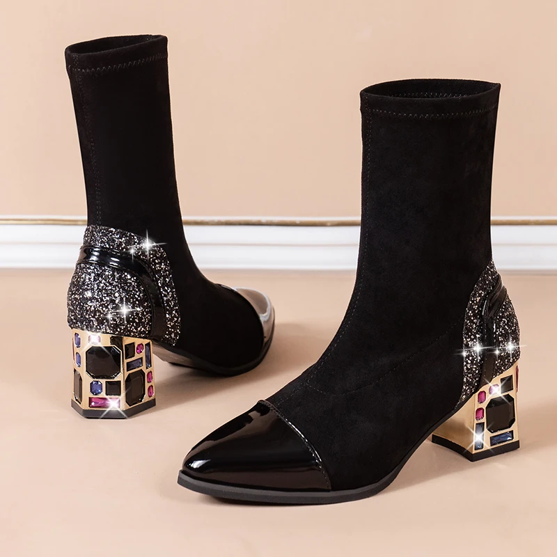Elastic Band Socks Boots Women Diamond Colorful Square Heels Breathable Short Ankle Boots Woman image 3