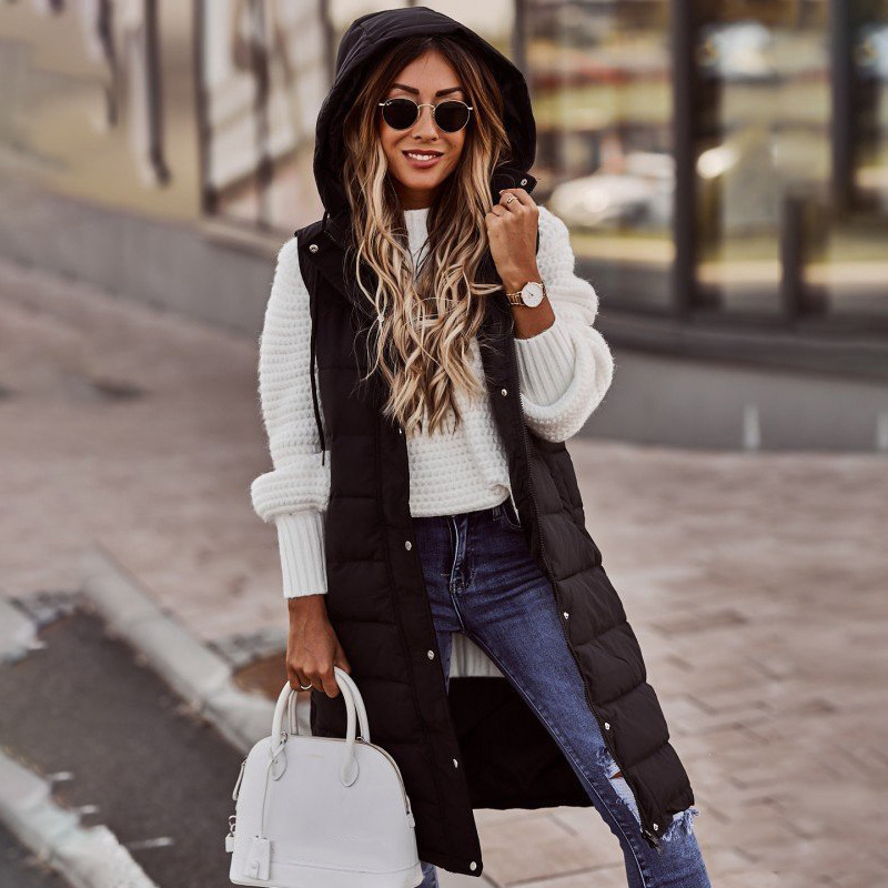 Fashion Casual Solid Color Hooded Slim Fit Style Sleeveless Cardigan Mid length Cotton Coat