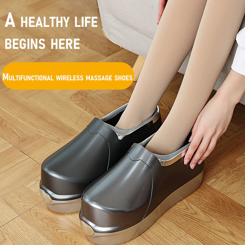Woman putting on wireless massage shoes in sunlit home, embracing daily wellness routine