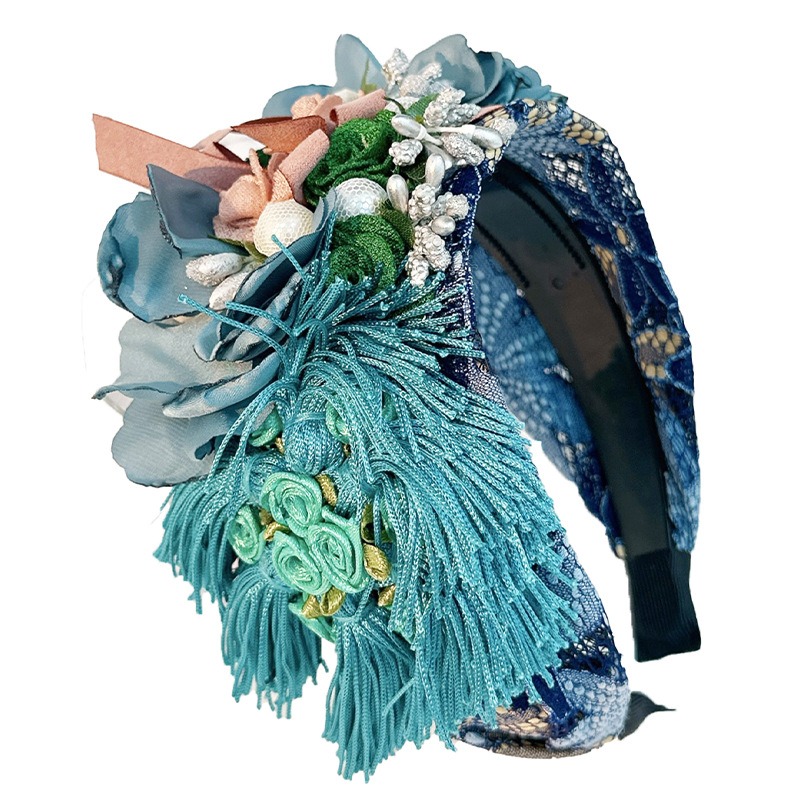 Blue floral headband with beads and metallic embellishments