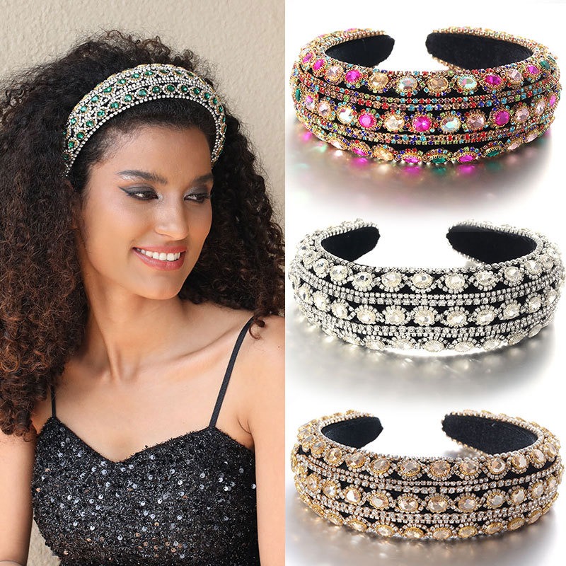 Crystal headband styled on woman with dark curly hair