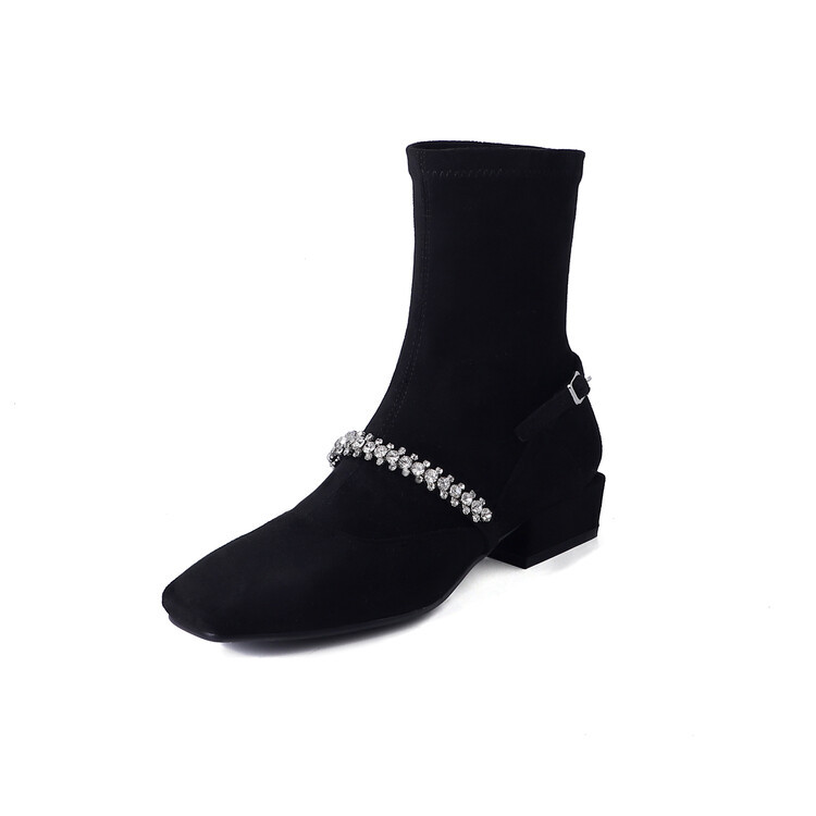 Kid Suede Crystal Strap Short Boots Women Square Toe Low Heel Chelsea Boots Autumn Fashion Party