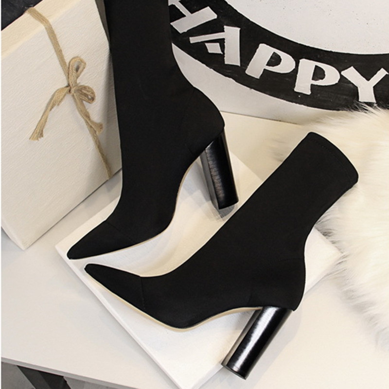 Elastic Band Stretch Fabric Socks Boots For Women Shoes Grain Square Heels Breathable Short image 4