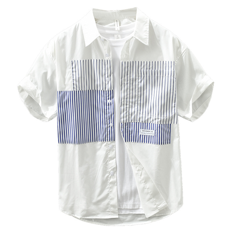 Women White Striped Big Size Long Blouse New Lapel Short Sleeve Loose Fit Shirt Fashion Tide Spring