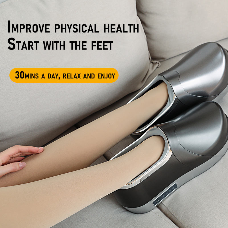 Woman relaxing on couch with massage shoes, experiencing therapeutic heat relief