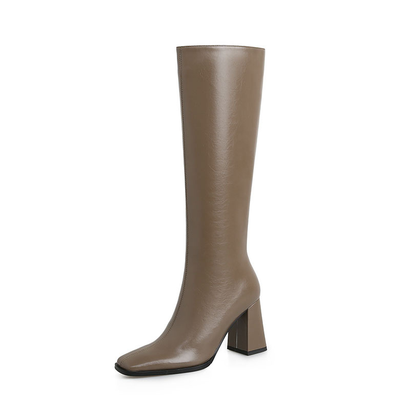 Meotina Women Genuine Leather Knee High Boots Square Toe Thick High Heel Zipper Ladies Fashion Long