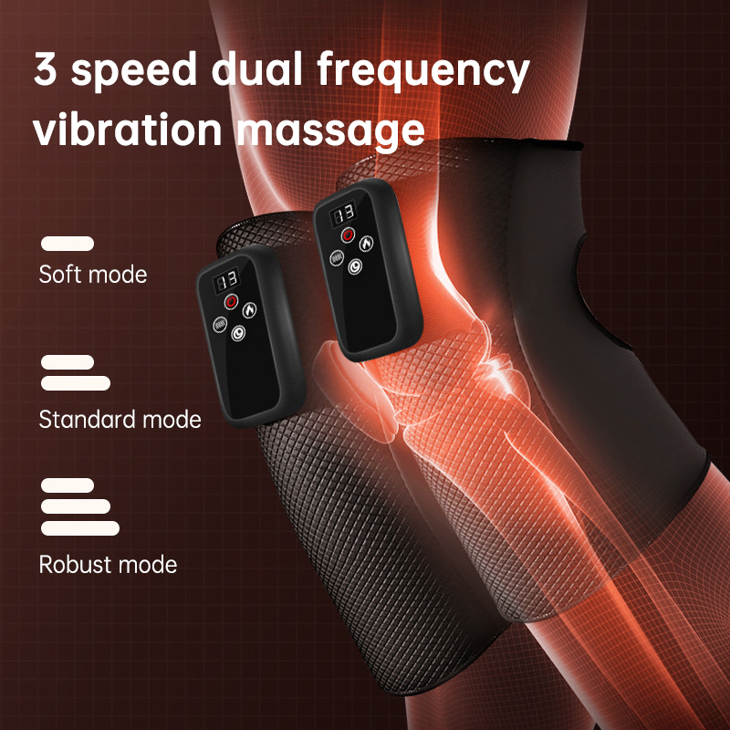 Infographic showing three vibration speed modes with heat therapy visualization applied to a knee