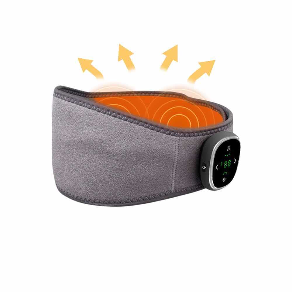EMS waist massage belt with golden heat radiation arrows, gray neoprene construction, orange heating core visible, centered on ivory ribbed glass
