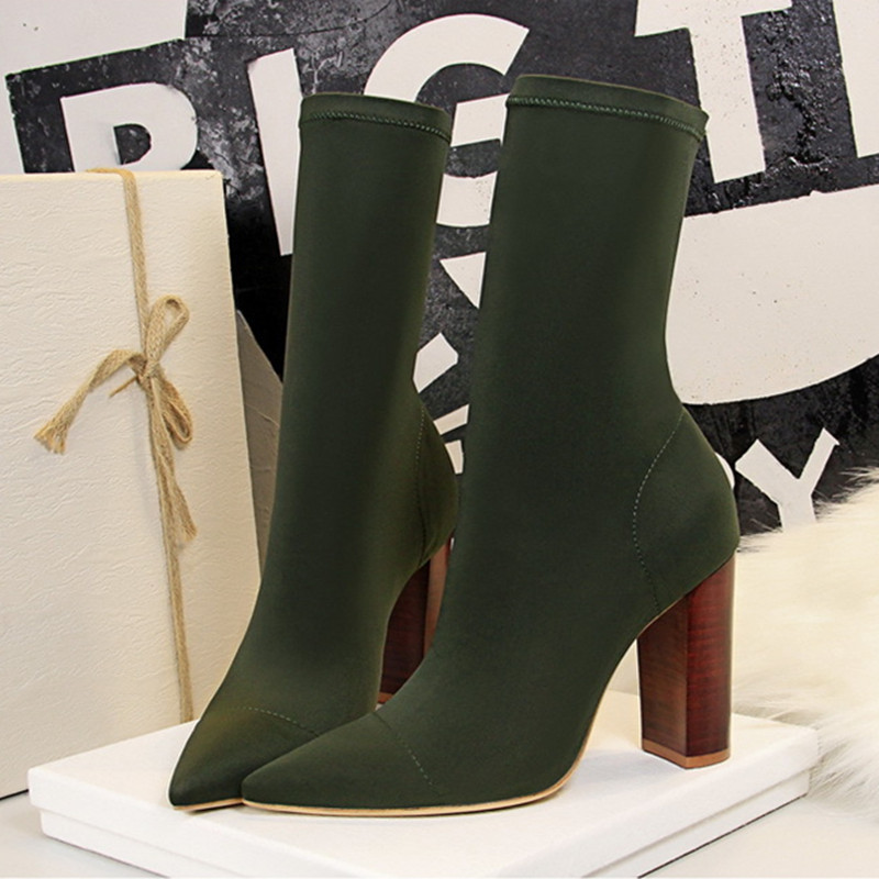 Elastic Band Stretch Fabric Socks Boots For Women Shoes Grain Square Heels Breathable Short image 5