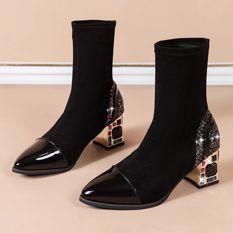 Elastic Band Socks Boots Women Diamond Colorful Square Heels Breathable Short Ankle Boots Woman