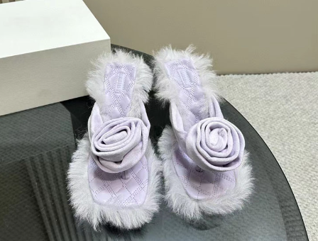 Summer Sexy Flowers Women's Fur Sandals Square Split Toe Sexy Plush Edge High Heel Slippers Brand Casual Women's Slides image 5