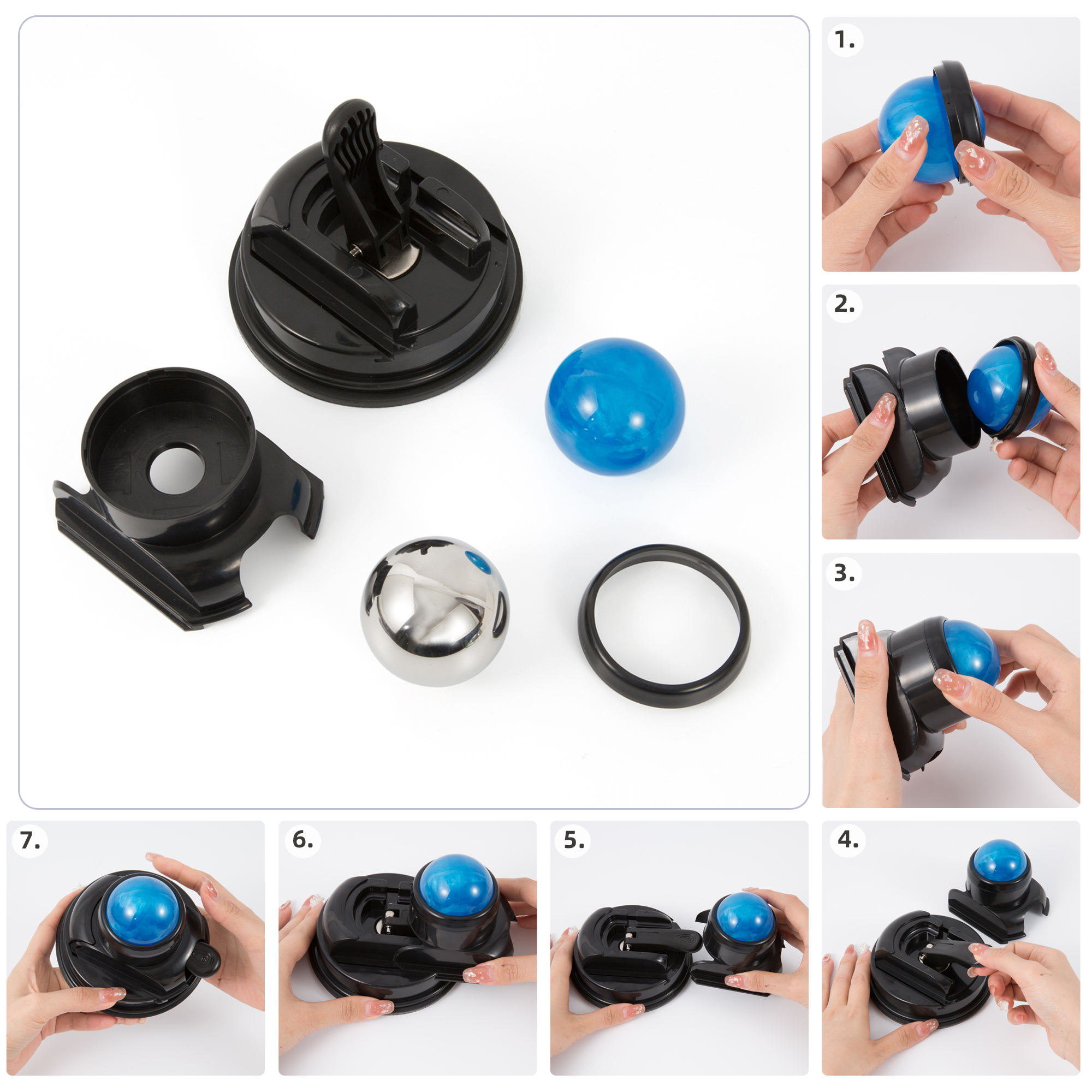 Disassembled mountable cold massage ball components spread out on table