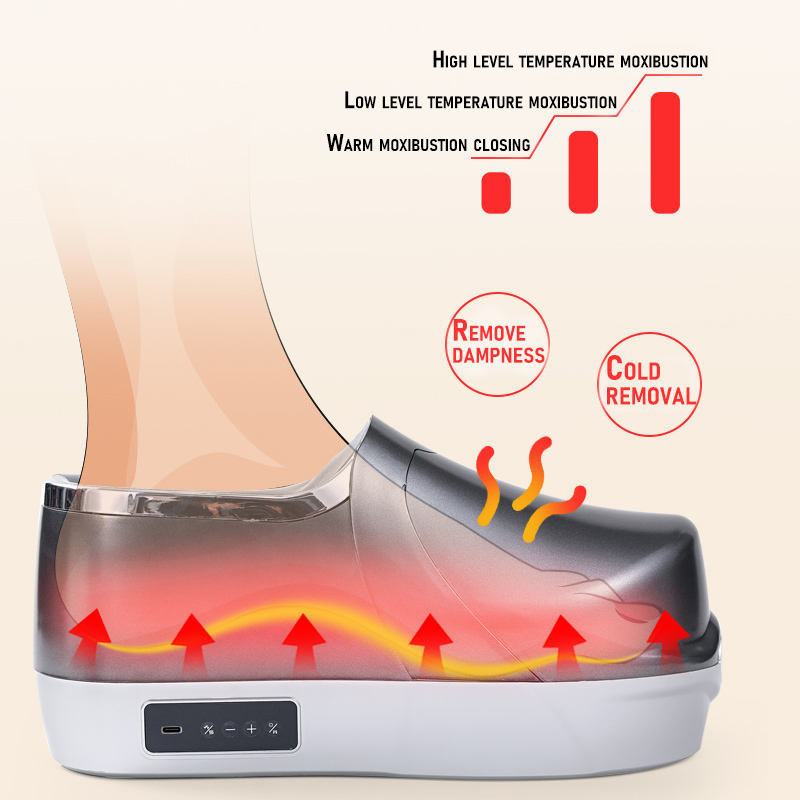 Multifunctional massage shoes showing three-level moxibustion heat technology and digital controls