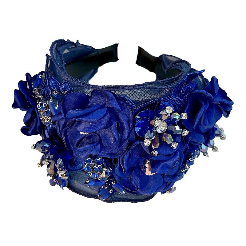 Cobalt blue headband with dimensional flowers and crystal sparkle