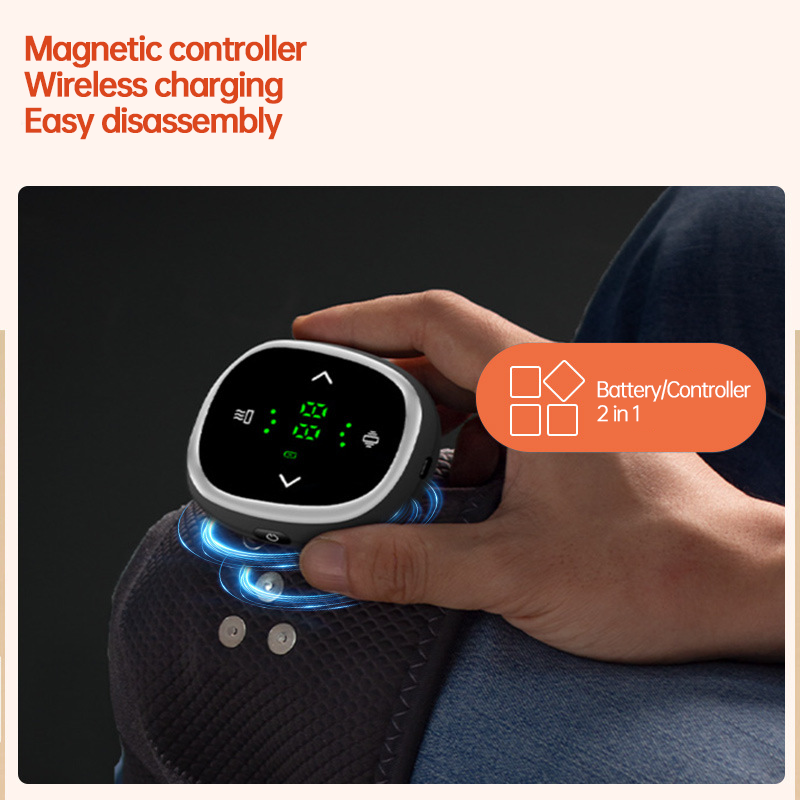Magnetic wireless controller held on wrist with blue magnetic connection indicators and green LED display showing settings