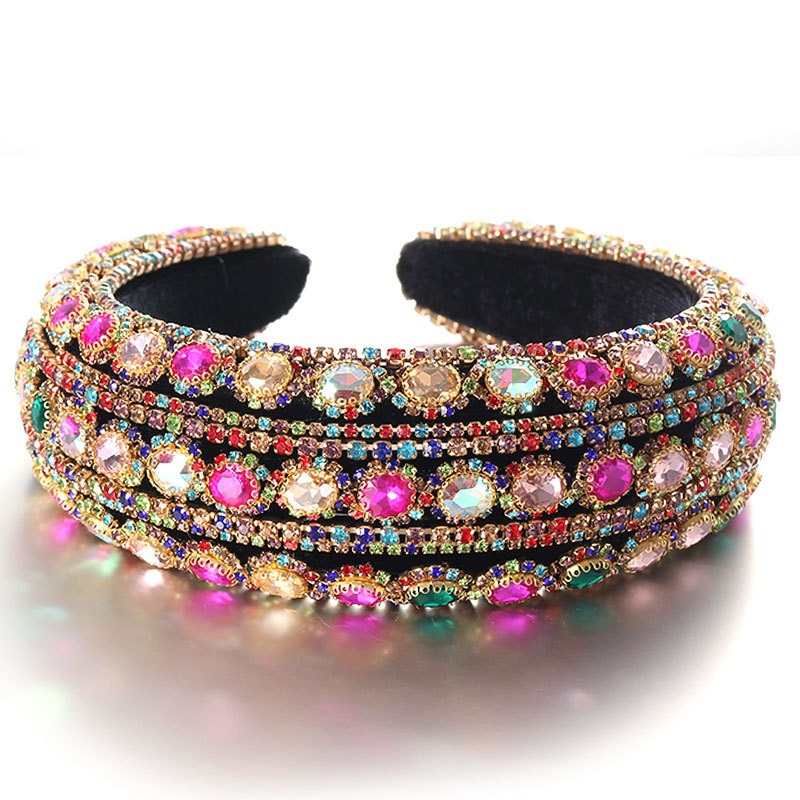 Colorful crystal headband with pink blue and gold stones