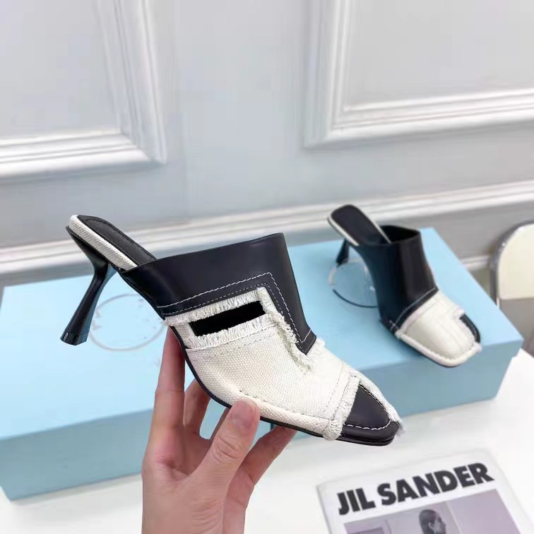 Brand Ladies High Heel Slippers Square Toe Formal Dress Shoes Leahter Patchwork Denim Sandals Summer Party Shoes Women image 4
