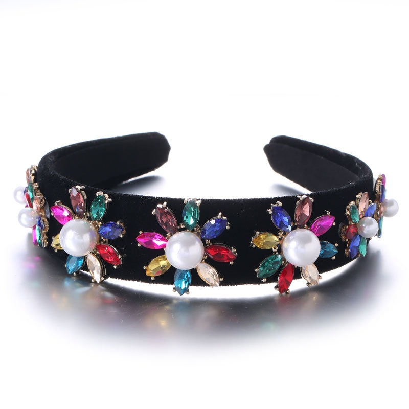 Black headband with colorful faceted crystal petals