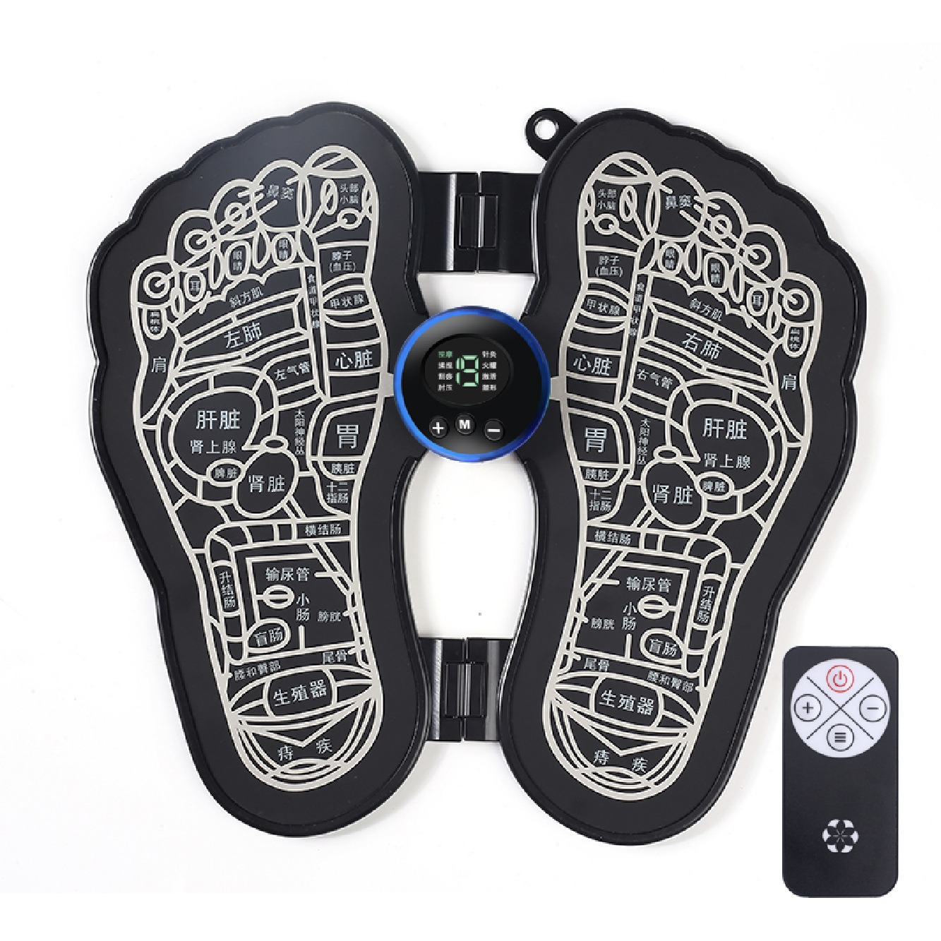 Black EMS foot massage mat with dual-foot reflexology zone mapping, digital control display, and wireless remote