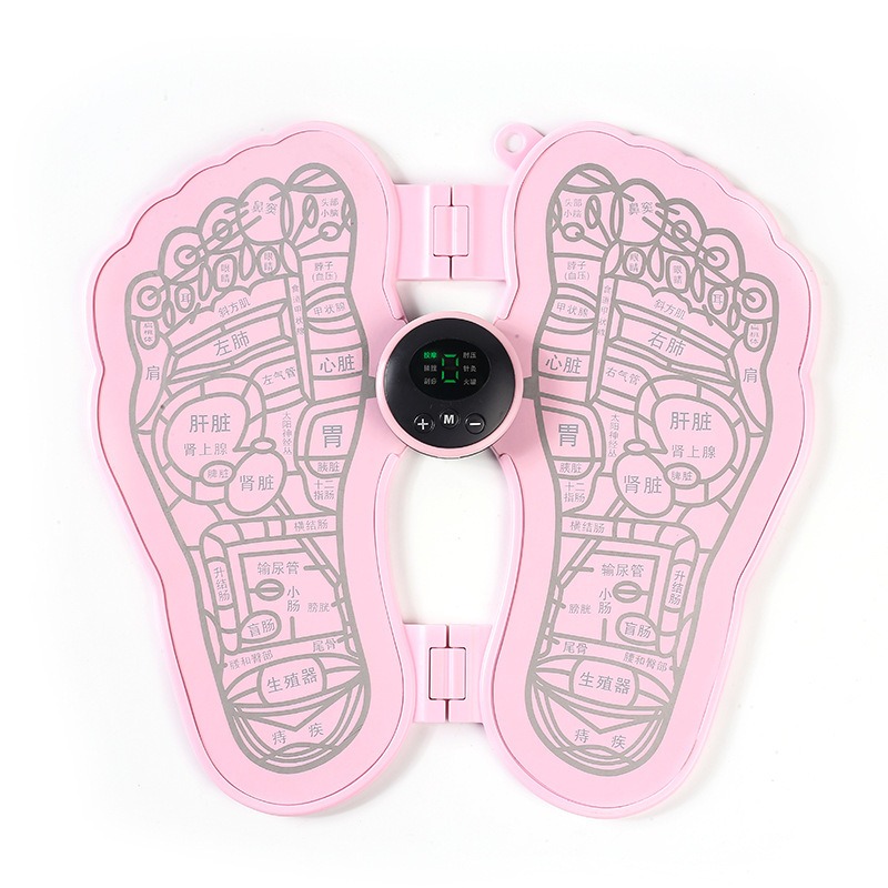 Pink EMS foot mat top view with full reflexology zone diagram, Chinese meridian labels, and digital display