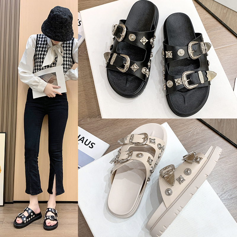 Black Real Leather Rivet Buckle Designer Flat Slippers Woman Round Toe Thick Sole Beach Sandal Summer Casual Mules Shoes image 5