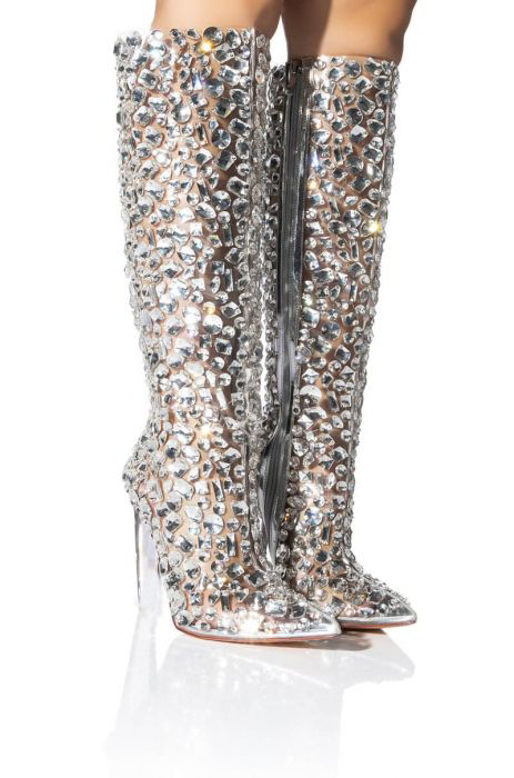 Clear Crystal Heeled Thigh High Boots Luxury Rhinestone Gemstones Fashion Catwalk Stage Roman Shoes