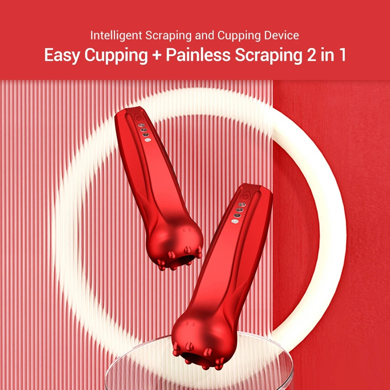 Both cupping and scraping head attachments displayed against striped background with product claims text