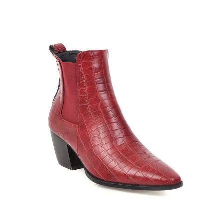 Red Crocodile Leather Anle Boots Winter Women's Pointed Toe Block Heel Short Elastic Boots Western
