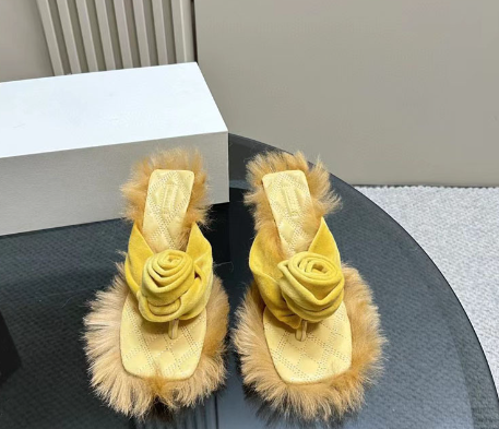 Summer Sexy Flowers Women's Fur Sandals Square Split Toe Sexy Plush Edge High Heel Slippers Brand Casual Women's Slides image 6