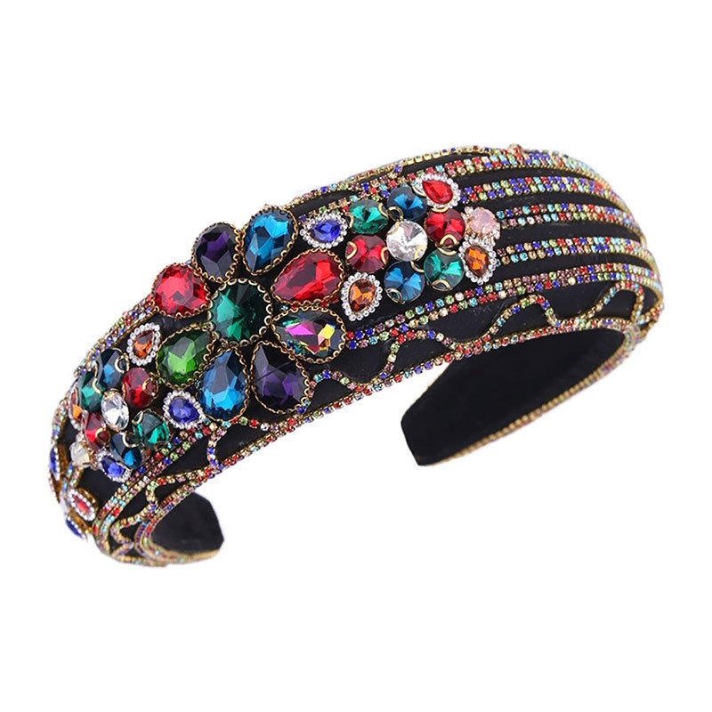 Multicolor jeweled black headband with dense rhinestone coverage