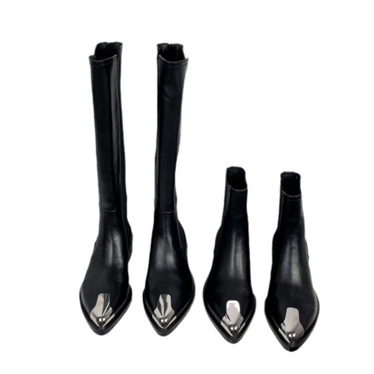 Black Leather Chelsea Boots Winter Women's Metal Pointed Toe Block Heel Short Boots Office Ladies