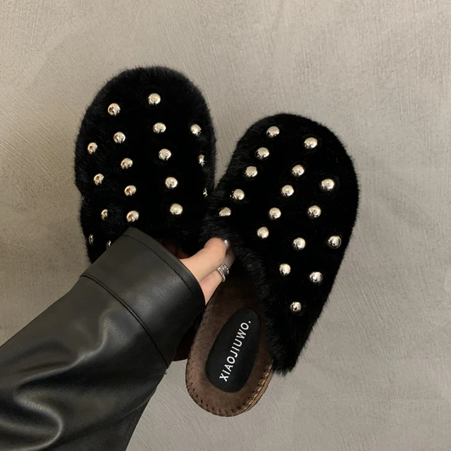 Women Flat Slipper Rivet Warm Plush Ladies Casual Slip On Mules Shoes Flat Heel Outdoor Dress Slide image 5