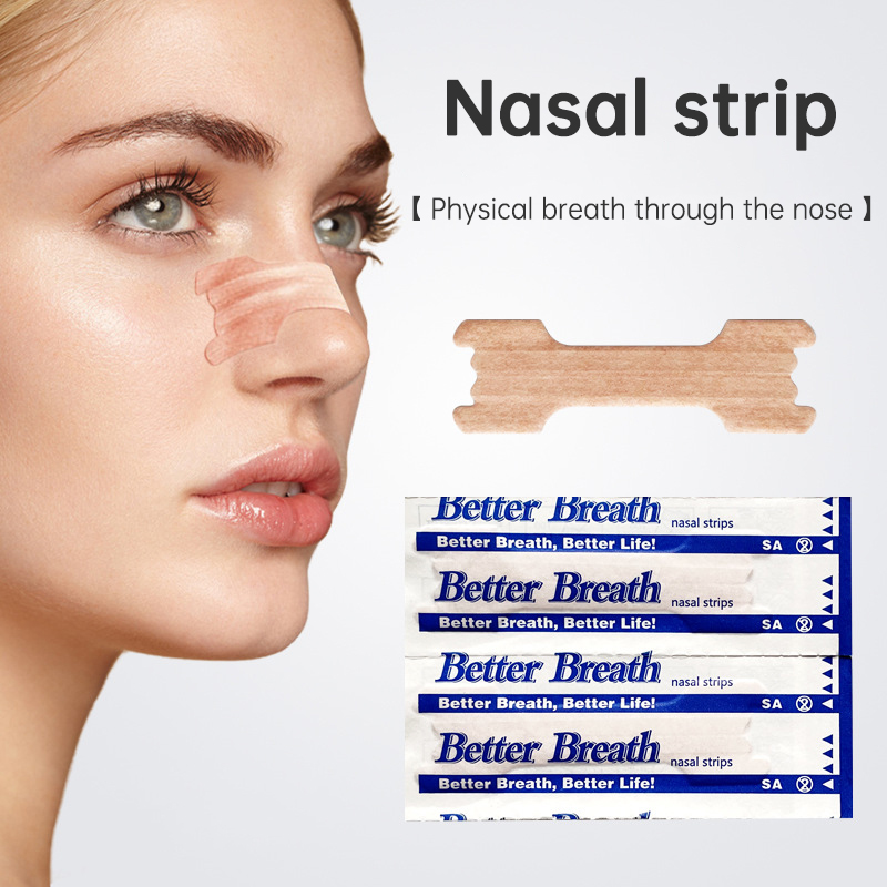 Woman wearing a beige nasal strip on the bridge of her nose, demonstrating improved airflow and relief from congestion