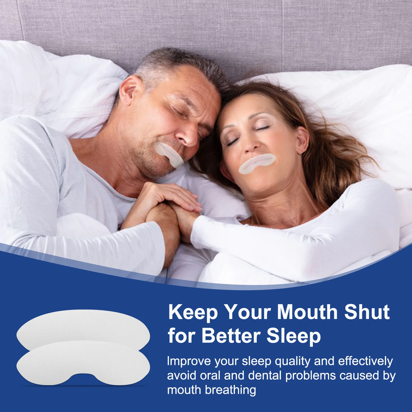 Split comparison: stressed awake people vs peaceful sleeping faces, highlighting snoring relief