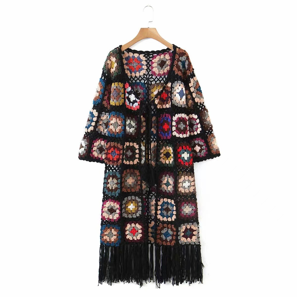 Women's ethnic style color fringe long sleeve sweater long knit fashion cardigan
